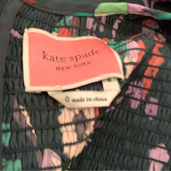 Kate Spade Fleur Nouveau dark green floral smocked ruffle mini dress size 0 - Picture 13 of 17